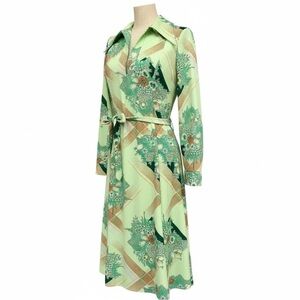 Vintage 70s Honeycomb Neon Green Brown Floral Belted Shirt Dress Medium Fit EUC